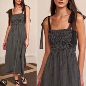 La Ligne Lou Silk Crepe Black White Stripe Midi Dress Tie Shoulders